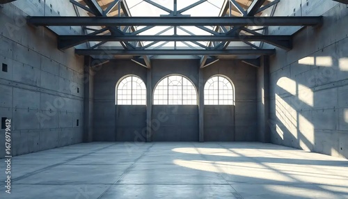 Industrial space with skylights and shadows