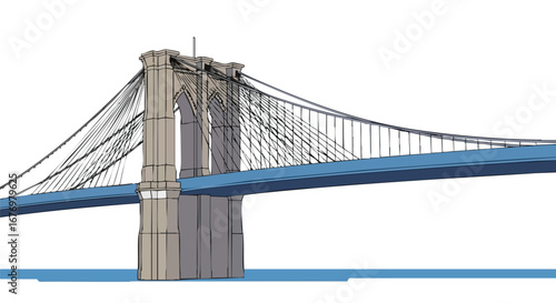 Stylized rendering of a suspension bridge with prominent towers and cable design in simplistic form