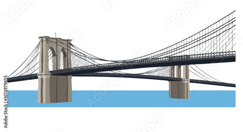 Architectural illustration of a suspension bridge featuring strong cables and sturdy support structures across blue water