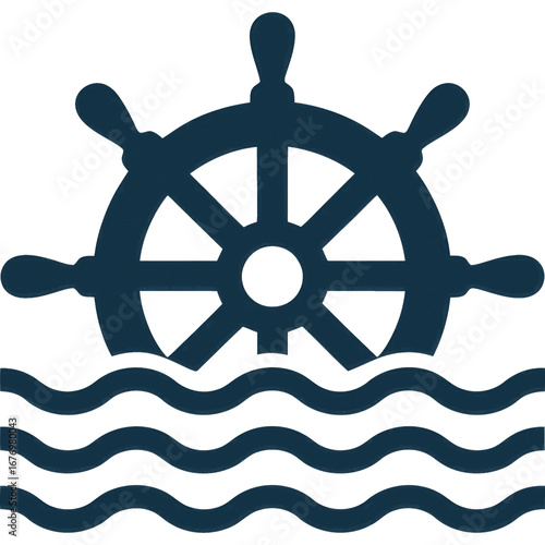 Dark blue ship steering wheel over waves isolated on transparent background