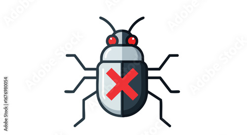 Stylized depiction of a cybernetic insect with a prominent red cross, symbolizing digital security threat, and potential computer system vulnerability
