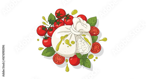 Delicious burrata cheese illustration surrounded by vibrant cherry tomatoes and fresh basil leaves with a drizzle of olive oil showcasing italian