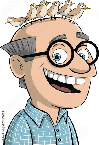 Cartoon bald man with glasses smiling while six cute birds perch on his head, humorous vector illustration for stock content