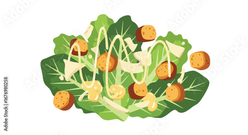 Stylized caesar salad illustration with romaine lettuce croutons parmesan and creamy dressing evokes a fresh and healthy meal option presented in a