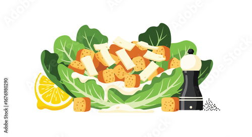 Vibrant Caesar Salad Illustration with Fresh Ingredients and Flavorful Pepper Mill Detailing