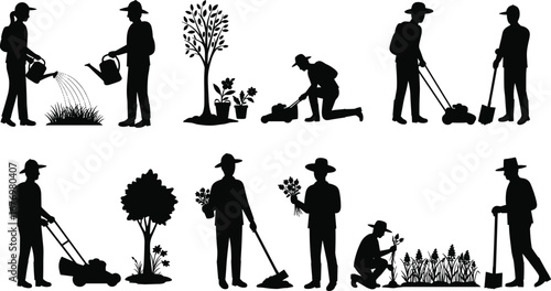 Silhouettes of gardeners watering plants, mowing lawn, planting flowers, gardening tools, outdoor yard work, landscaping, nature care activities