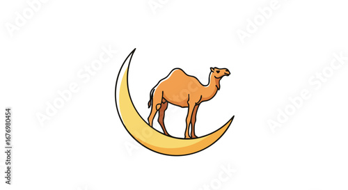 Camel Silhouette Resting on Crescent Moon, Dreamy Desert Nights Iconography Symbolizes Serenity and Arabian Folklore Representation Illustration