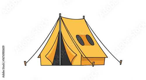 Bright yellow camping tent illustration, offering a cozy and inviting experience outdoors for all adventurous souls, and nature enthusiasts