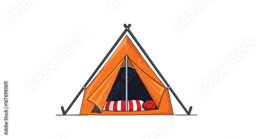 Isolated orange camping tent with a simple design representing outdoor adventure and recreational activities in a minimalist style illustration
