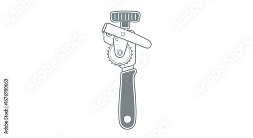 Minimalist depiction of a can opener, rendered in a simple line drawing style with muted grey tones against a white backdrop