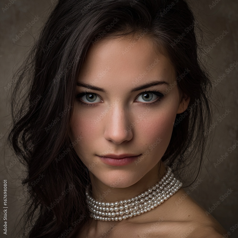 Close-up portrait of a beautiful elegant young woman wearing an expensive pearl necklace. Close-up portrait of a beautiful elegant young woman wearing an expensive pearl necklace.