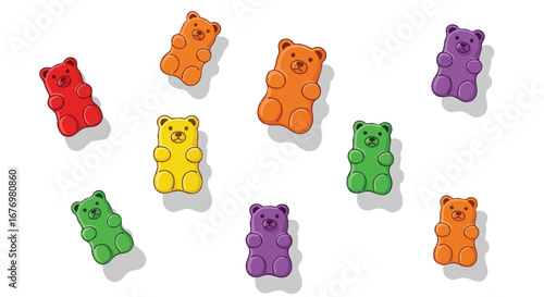Playful gummy bears of vibrant colors floating cheerfully on a pristine white background creating a sweet and whimsical confection arrangement