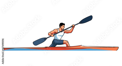 Athletic kayaker in dynamic motion paddling kayak on water, showcasing power strength and determination in outdoor watersports activity illustration