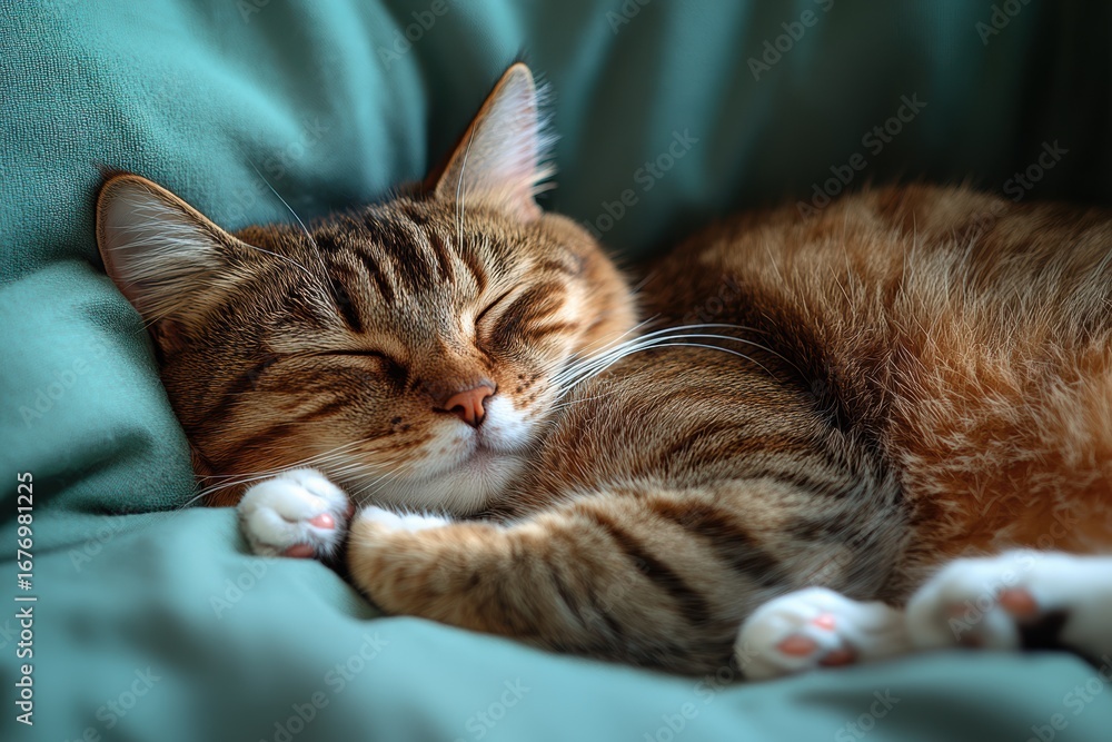 Fototapeta premium Cozy cat resting peacefully on soft fabric with a gentle expression and relaxed posture