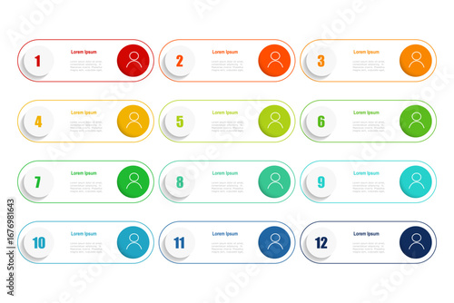 For business concept with 12 steps infographics, rectangle shape with multicolor label, design for workflow layout, diagram, annual report, web design. vector illustration