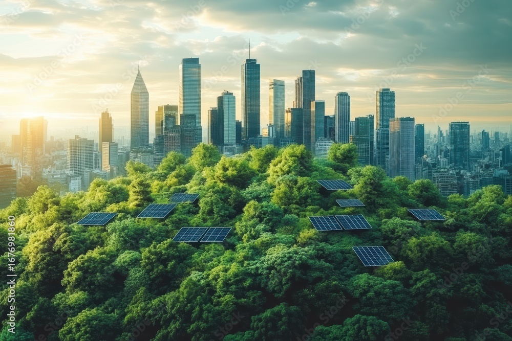 Obraz premium Innovative eco-city design with solar panels integrated into urban landscape at sunset