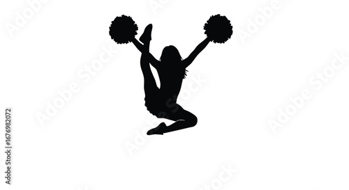 Dynamic Cheerleader Silhouette Displaying High Kicks and Pom-Poms for Team Spirit and Athleticism in Black and White Illustration