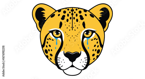Expressive cheetah portrait conveying sadness and conservation awareness through stylized design against a white background
