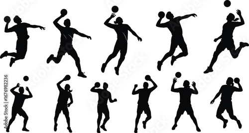 Silhouettes of Handball Players in Action, Jumping and Throwing Ball, Isolated on White Background, Perfect for Sports and Fitness Concepts