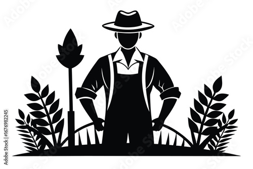 Monochrome Silhouette of Farmer with Hat Amidst Plants and Crops Illustration Design