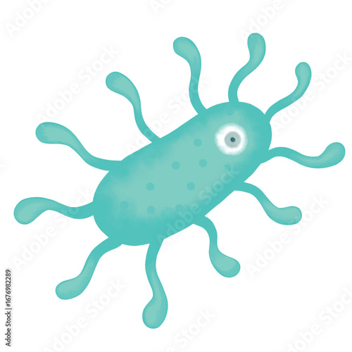 A cartoon illustration of a friendly turquoise microbe with one eye and multiple flagella on a white background.