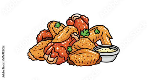 Hand-Drawn Illustration of Spicy Chicken Wings with Dipping Sauce on a White Backdrop