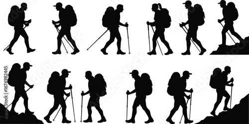 Silhouettes of hikers trekking with backpacks and walking sticks, outdoor adventure, mountain climbing, nature exploration, hiking activity, wilderness journey
