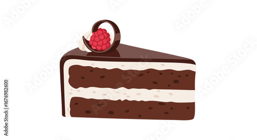Illustration of a decadent chocolate cake slice with raspberry and chocolate swirl garnish delighting the senses