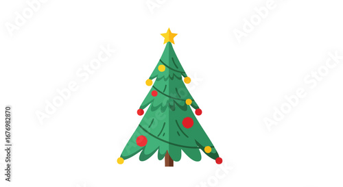Stylized christmas tree illustration with star topper and festive baubles holiday spirit festive decor simple clean design against white backdrop