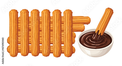 Crispy churro sticks arranged and served with a rich chocolate dipping sauce inviting a tasty snack and sweet indulgence moment