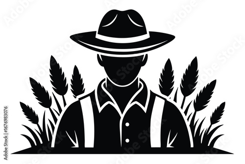 Black Silhouette of a Farmer with Wheat and Suspenders Wearing a Hat Vector Image