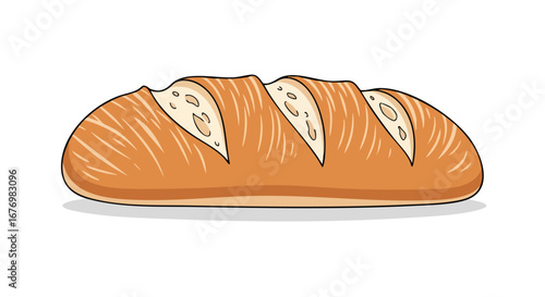 Detailed Illustration of a Crispy Brown Loaf of Bread with Cut Marks on a White Background