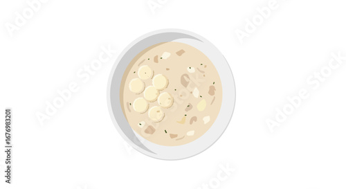 Creamy clam chowder in a bowl, culinary illustration perfect for food blogs and restaurant menus, showcasing simplicity and comfort food appeal