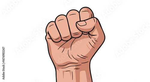 A human fist clenched tightly, demonstrating strength, determination, and unity within a clear illustration 62 characters
