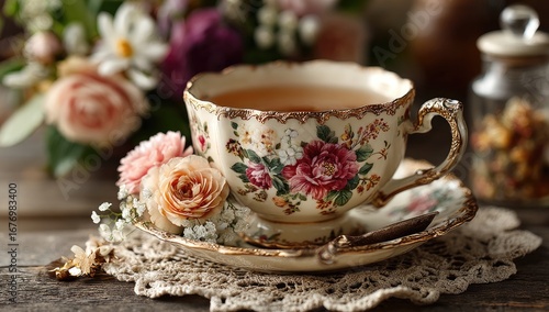 Vintage teacup with flowers on wooden table, floral background