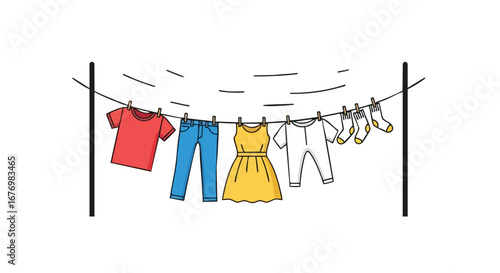 Colorful Laundry Day: Hanging Garments on a Clothesline for a Fresh and Clean Breeze and air drying clothes in a sunny day outside of the house