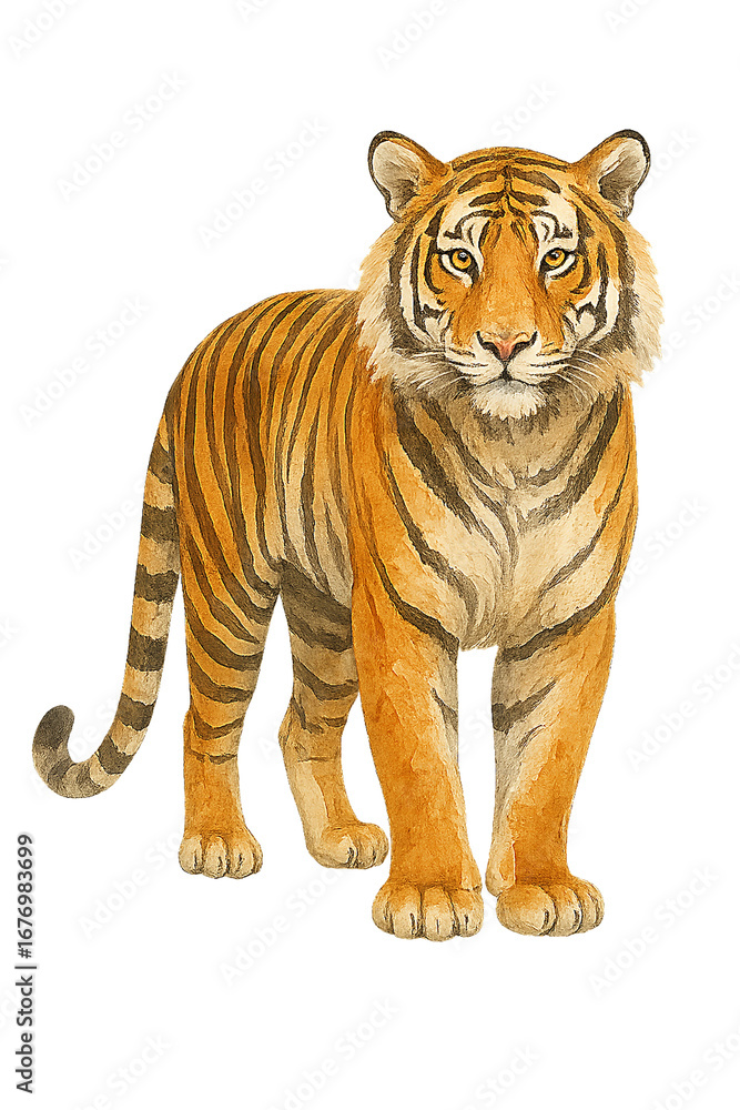 Fototapeta premium Watercolor Indochinese Tiger (Panthera tigris corbetti) � Full Body Pose � Transparent PNG