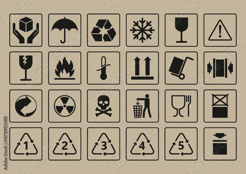 Fragile Packaging Warning Symbols Set, Cargo Handling Icons, Logistics Delivery Shipping Signs, Umbrella, Handle With Care, Glass, This Side Up, Transport Safety Labels