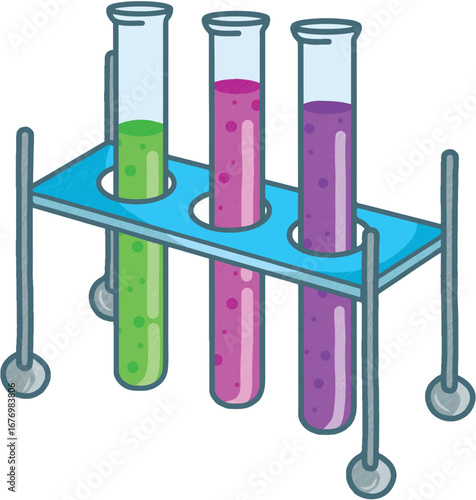 Cartoon illustration of three test tubes filled with different colored liquids in a rack.