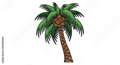 Isolated palm tree with coconuts and tropical leaves illustration for summer holidays, vacations and travel, flat design style drawing, nature and