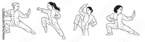 Woman training kung fu. Set of four drawings