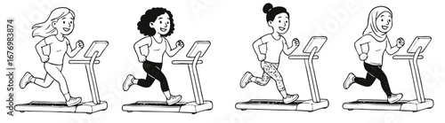 Set of drawing a woman running on a treadmill