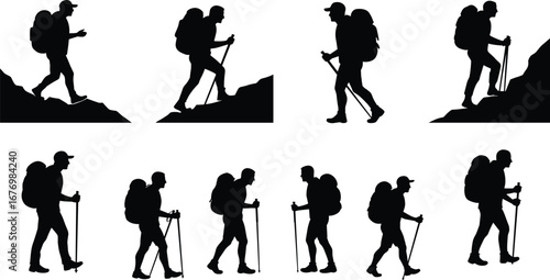 Silhouettes of hikers with backpacks and trekking poles climbing rocky mountain terrain, outdoor adventure, nature exploration, active lifestyle