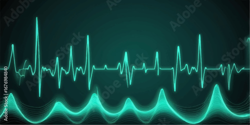 Medical monitor showing a lively EKG heartbeat graph with a pulse wave on a dark background