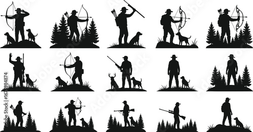 Silhouettes of hunters with bows, rifles, and dogs in forest settings, outdoor hunting scenes, wildlife adventure, nature exploration