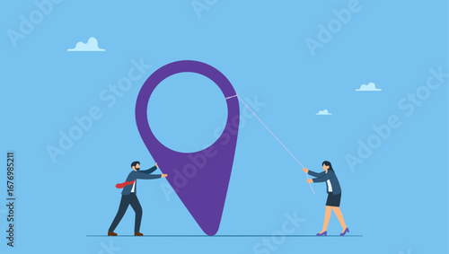 Business people founder building office pin making business contact address. Company establishment, entrepreneurship start new business, create corporate pin in search engine map.