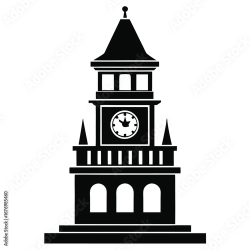 Simplified Silhouette of a Grand Clock Tower Architecture with Intricate Details Shown