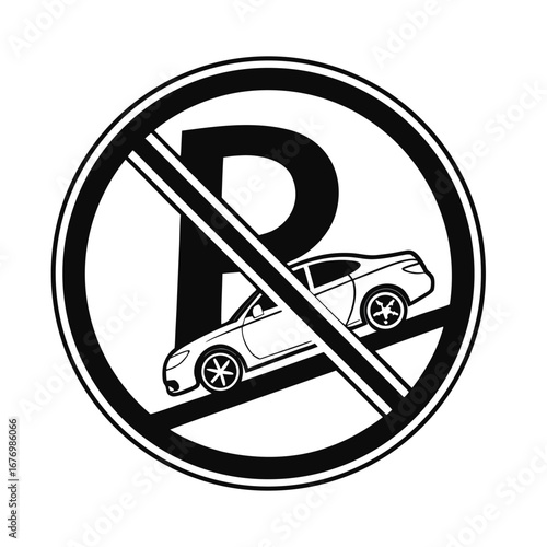Vector silhouette icon of a no parking sign, showing a car on a steep slope, representing traffic restrictions and safe driving rules