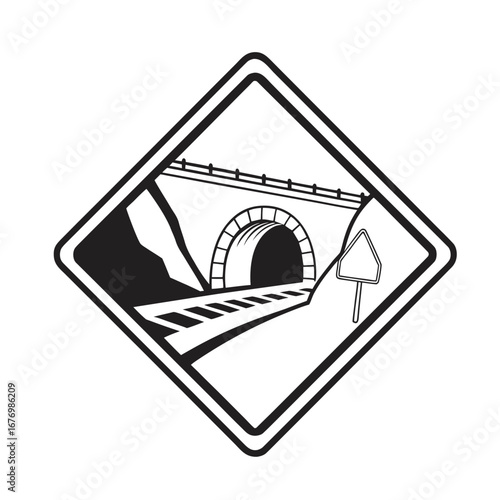 Silhouette diamond-shaped road sign depicting a railway tunnel entrance with tracks leading into it, framed by rock formations