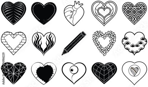 A vibrant set of heart icons in various vector shapes symbolizes love, romance, and passion for Valentine's Day